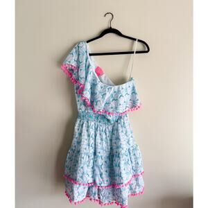Lilly Pulitzer White + Blue Eyelet Pink Pom Pom Trim Addilyn One Shoulder Dress